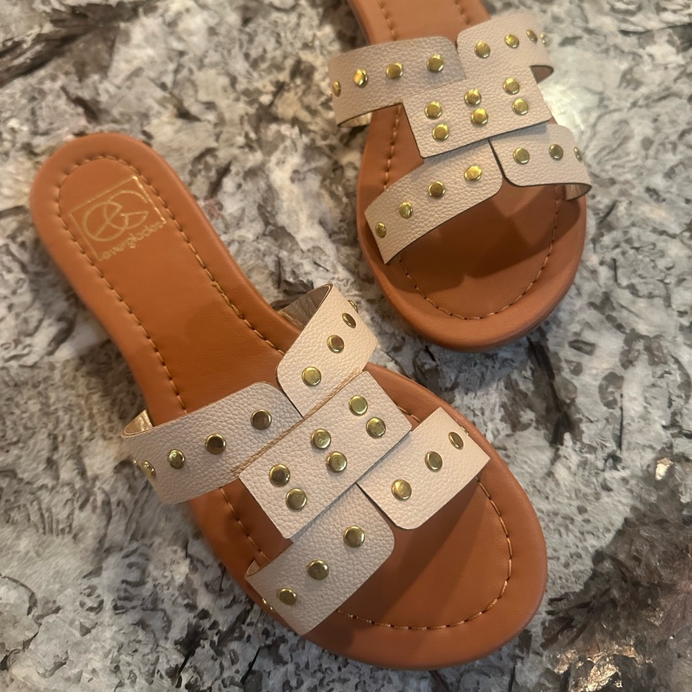 Nude color Sandals. Gold stud faux leather strap Sandals
